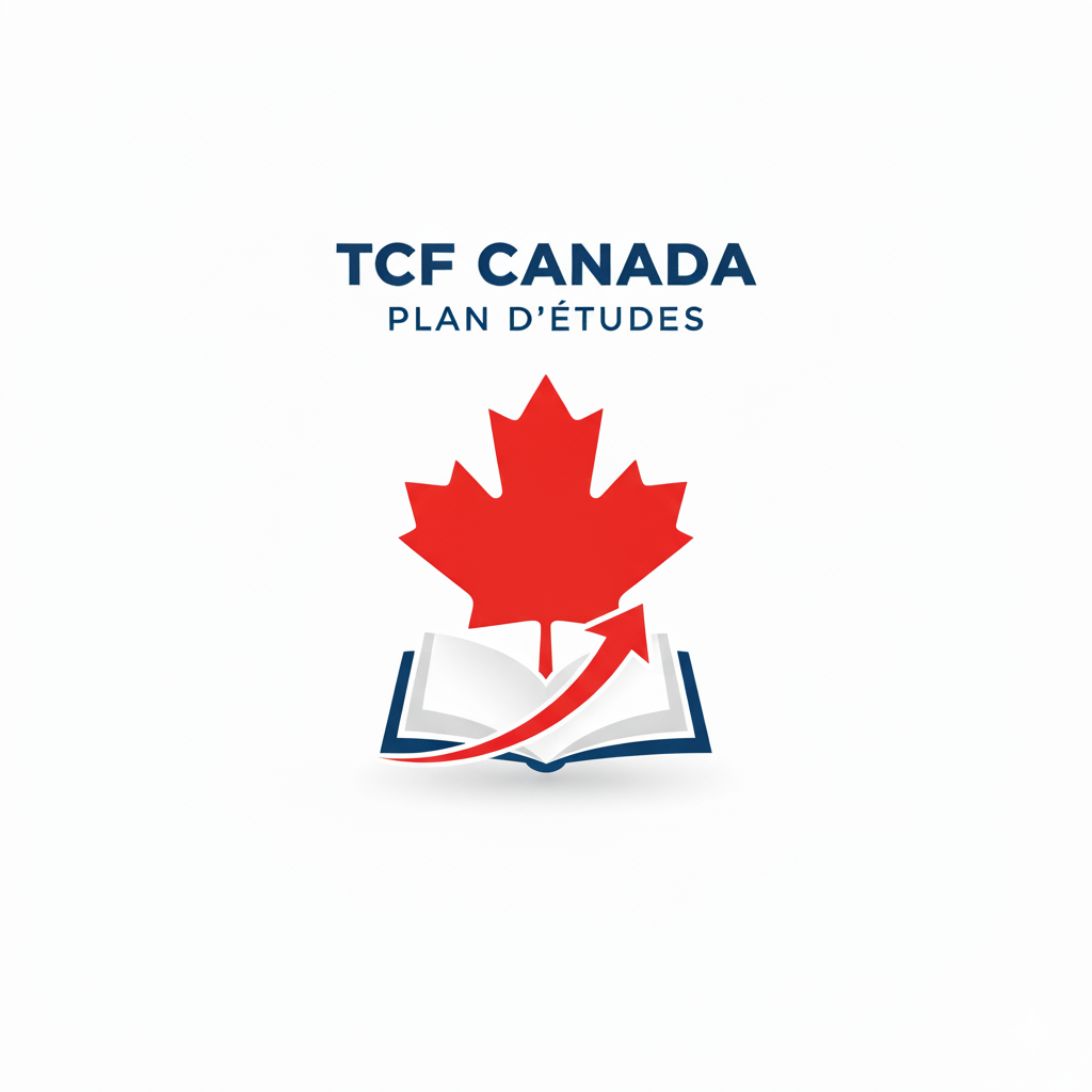Logo TCF Canada dizendo "TCF Canada Plan D'études" com uma folha de maple vermelha, um livro aberto e uma seta vermalha mirando para cima